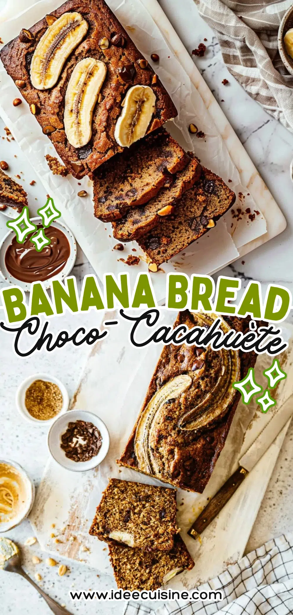 Tranches de banana bread moelleux avec éclats de chocolat et cannelle, décor rustique sur planche en bois.