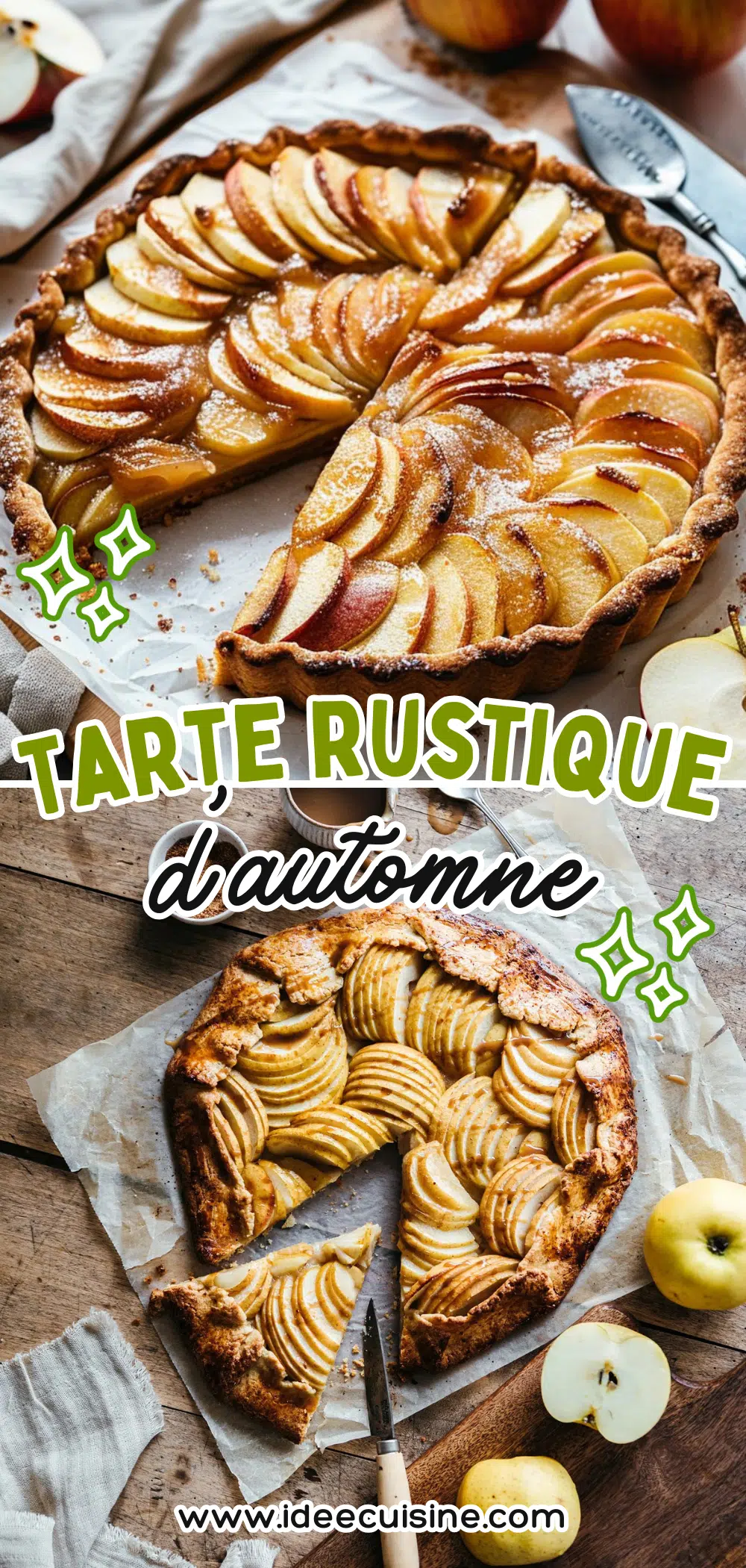 Tarte rustique aux pommes, aux bords irréguliers, dorée et croustillante.