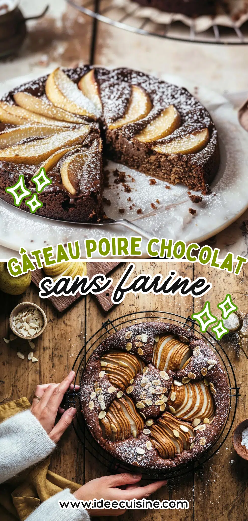 Gâteau sans farine à la poire et chocolat, moelleux et riche en texture.