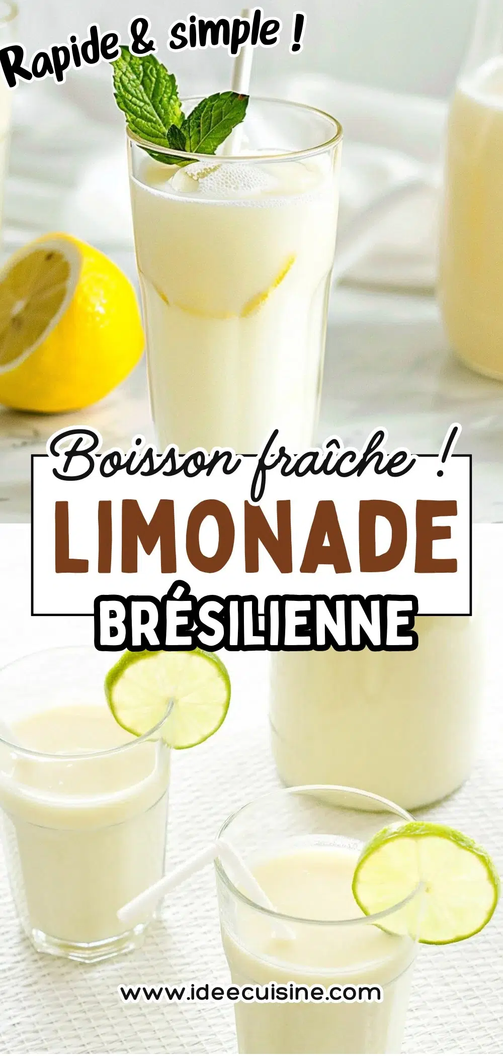 Verres de limonade brésilienne parsemée de tranches de citron vert, posés sur une surface claire, avec une carafe.