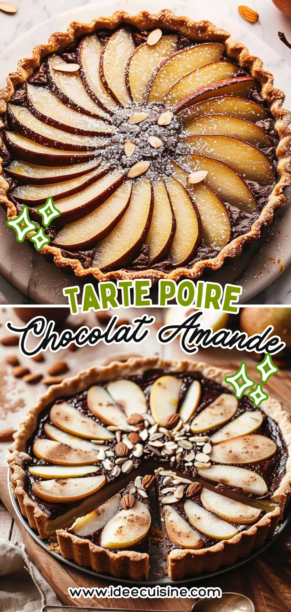 Tarte ronde au chocolat décorée de tranches de poires en rosace et d’amandes effilées, saupoudrée de sucre glace