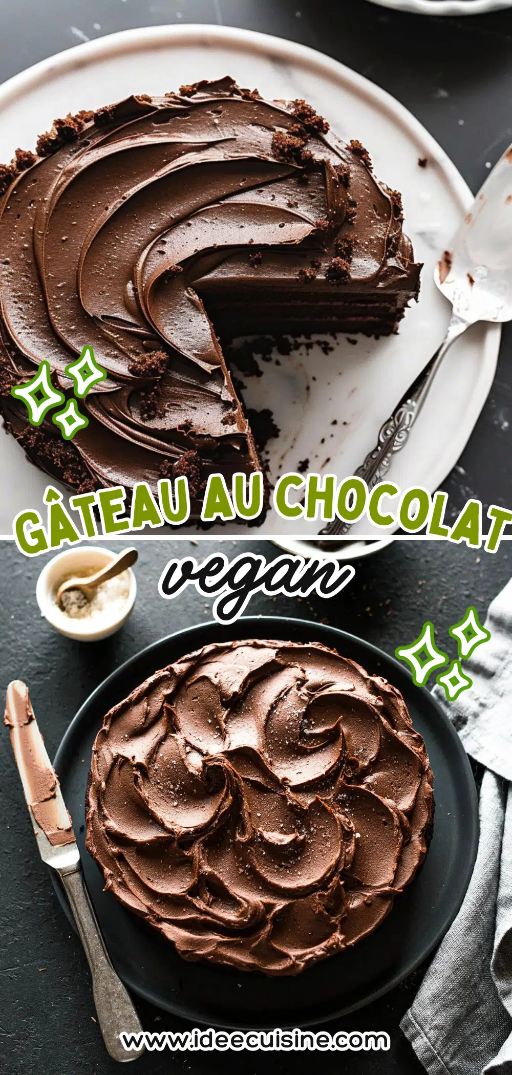 Gâteau au chocolat vegan 2 Gâteau au chocolat dense, coupé en tranches, posé sur une planche en bois.