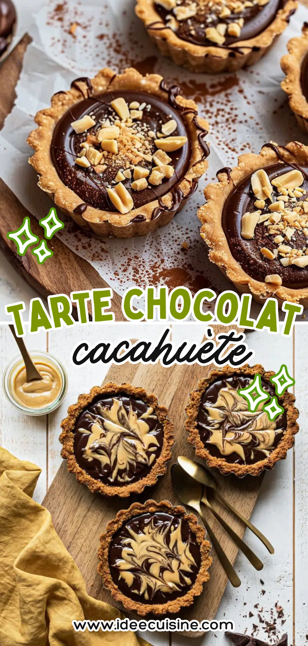 Tartes au chocolat présentées sur une table en bois, avec une texture brillante.