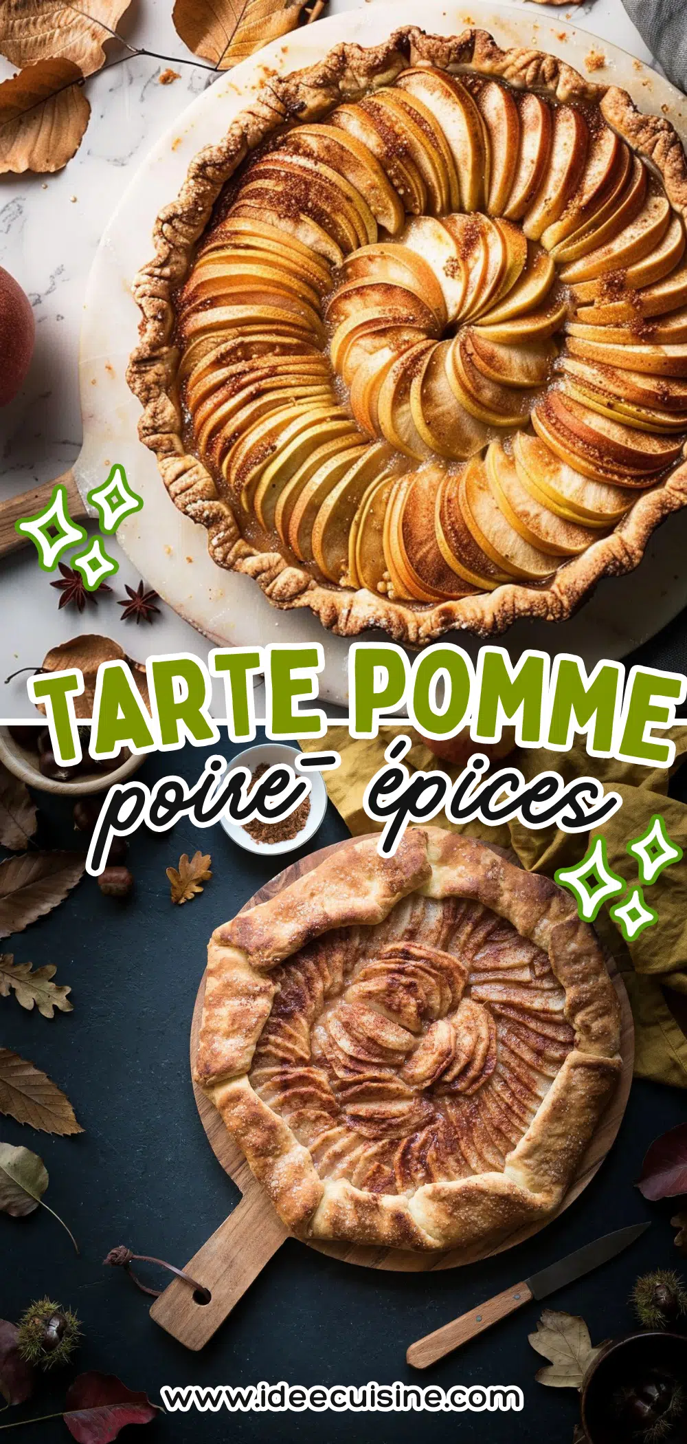 Tarte ronde garnie de tranches de pommes et poires en rosace, croûte dorée, ambiance automnale chaleureuse