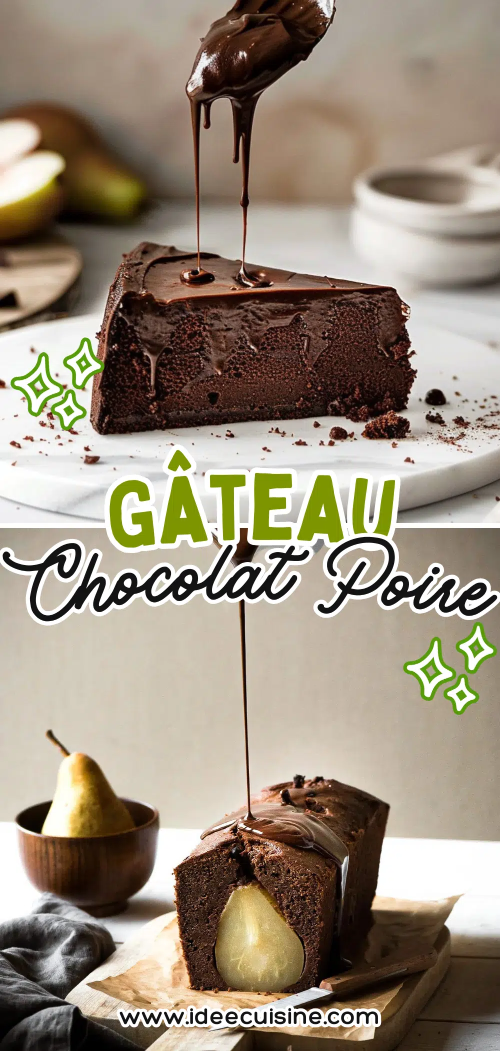 Gâteau Chocolat Poire 2 Gâteau au chocolat noir fondant, nappé de ganache coulante, poire pochée en garniture, ambiance élégante.