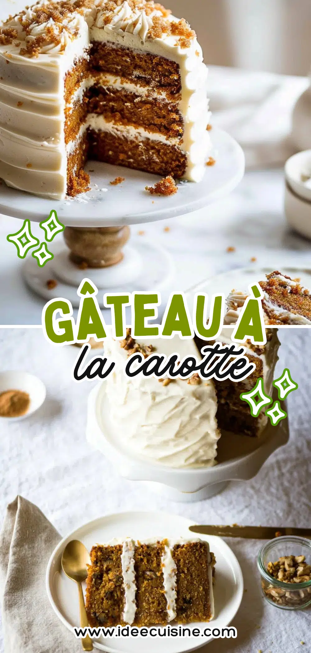 Carrot cake à trois étages nappé d’un glaçage au fromage frais, part découpée montrant la mie moelleuse et épicée.