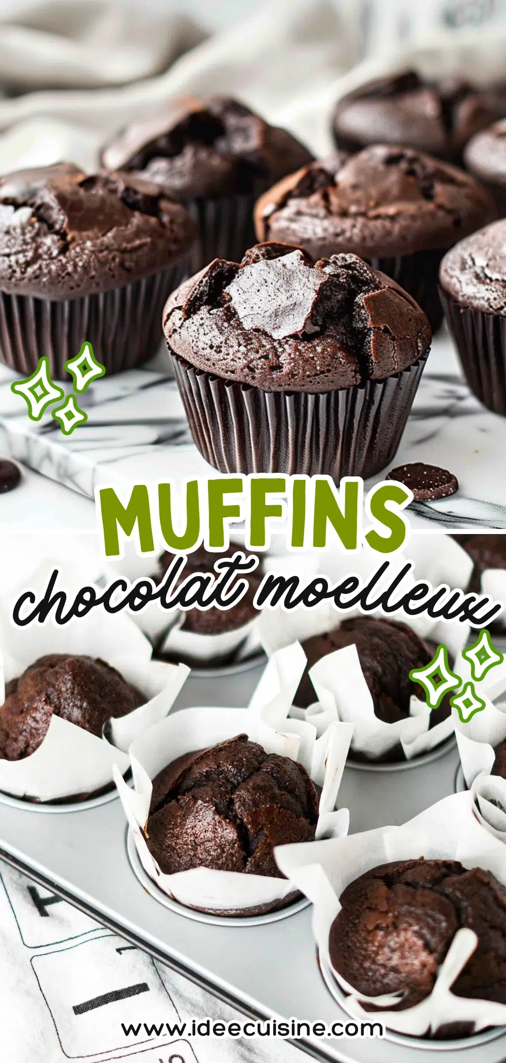 Muffins au chocolat bien gonflés, texture craquelée sur le dessus, présentés dans un moule avec caissettes blanches.