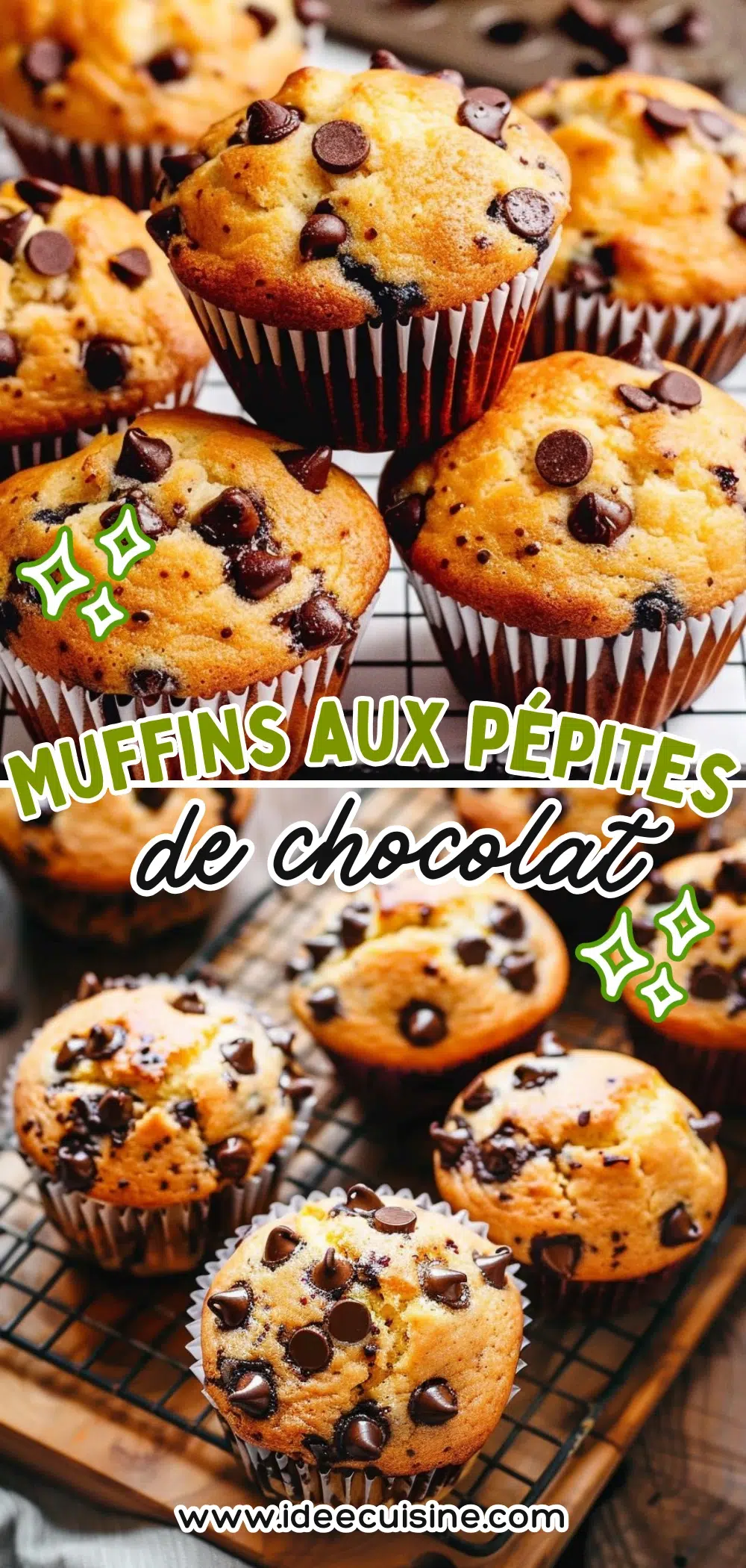 Muffins aux pépites de chocolat 2 Plateau de muffins dorés parsemés de pépites de chocolat, dans des caissettes blanches, posés sur une grille