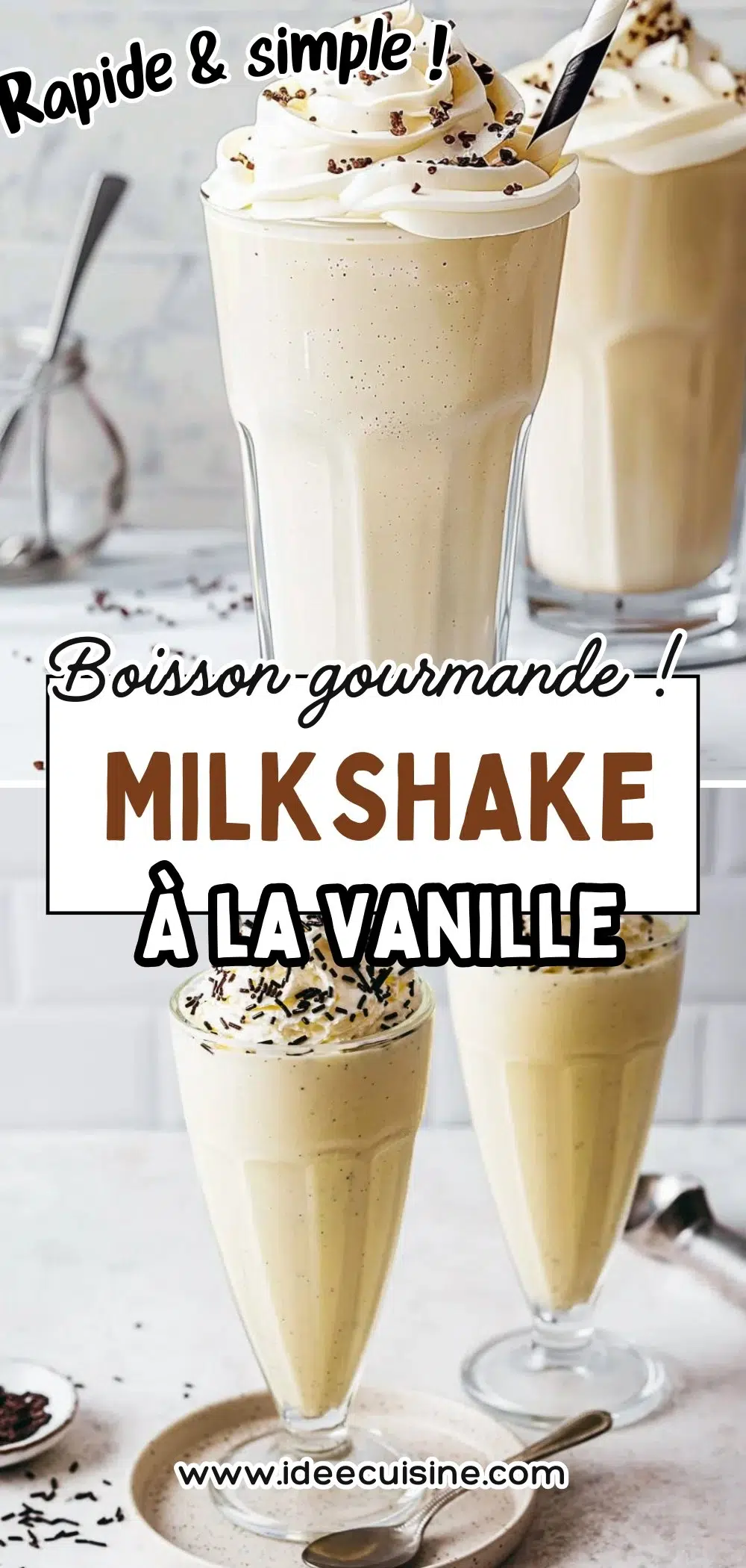 Verres hauts remplis de milkshake vanille, crème fouettée et copeaux de chocolat sur le dessus.