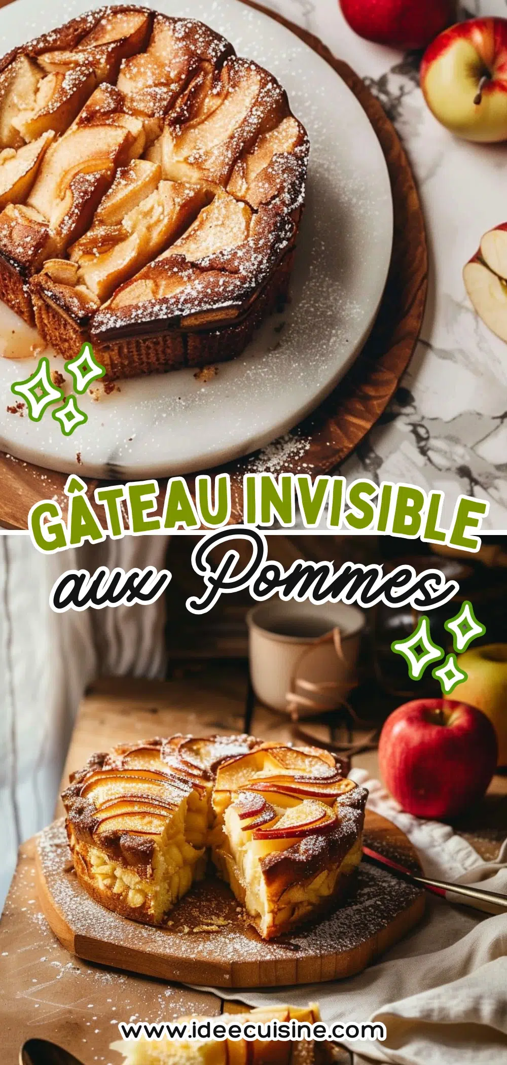 Gâteau invisible aux pommes doré, coupé en part sur une planche, avec tranches de pommes apparentes et voile de sucre glace.