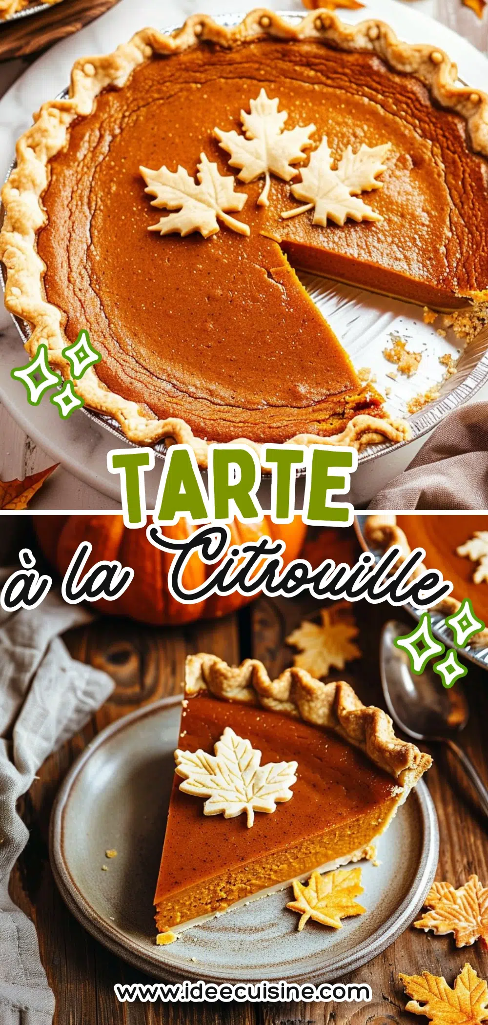 Part de tarte à la citrouille orangée dans une croûte dorée, décor feuille en pâte, présentée sur assiette rustique