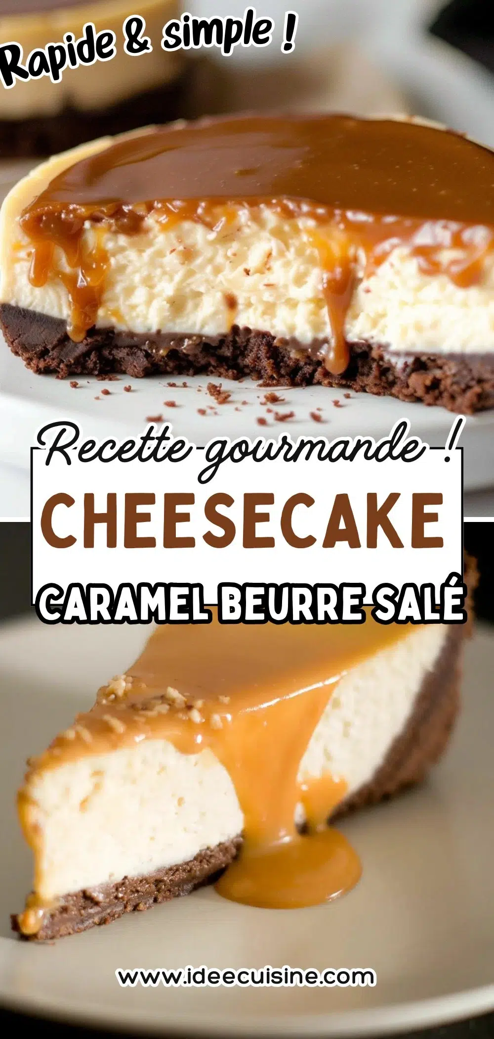 Part de cheesecake nappée d’un coulis caramel beurre salé coulant, base biscuitée foncée.