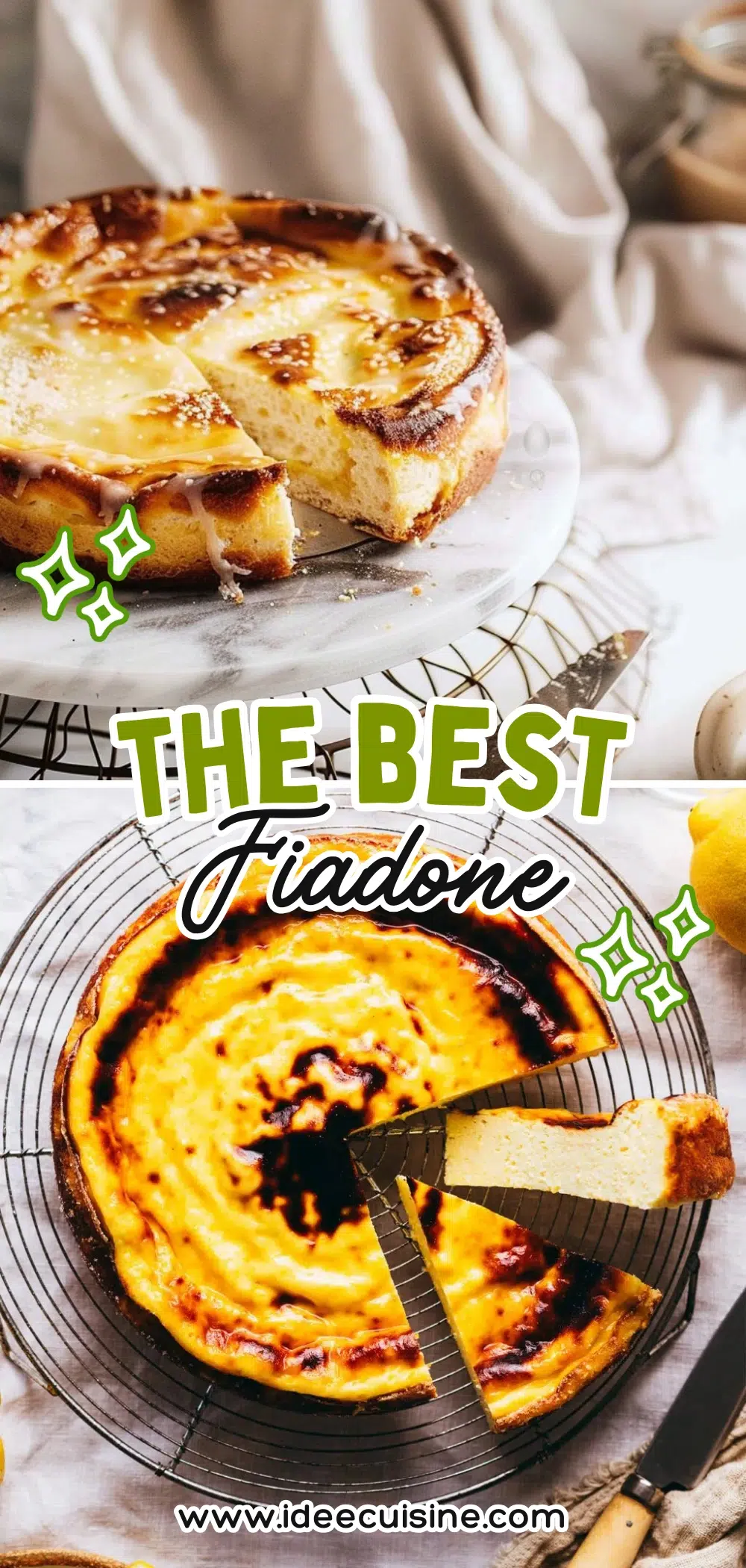 Fiadone rond doré avec part retirée, posé sur une grille, glaçage citronné brillant en surface