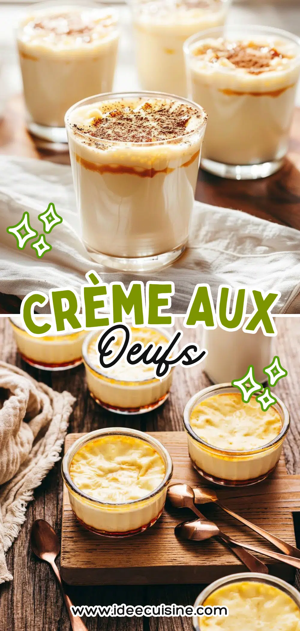 Verrines de crème aux œufs avec couche de caramel, posées sur planche en bois, lumière douce et ambiance maison.