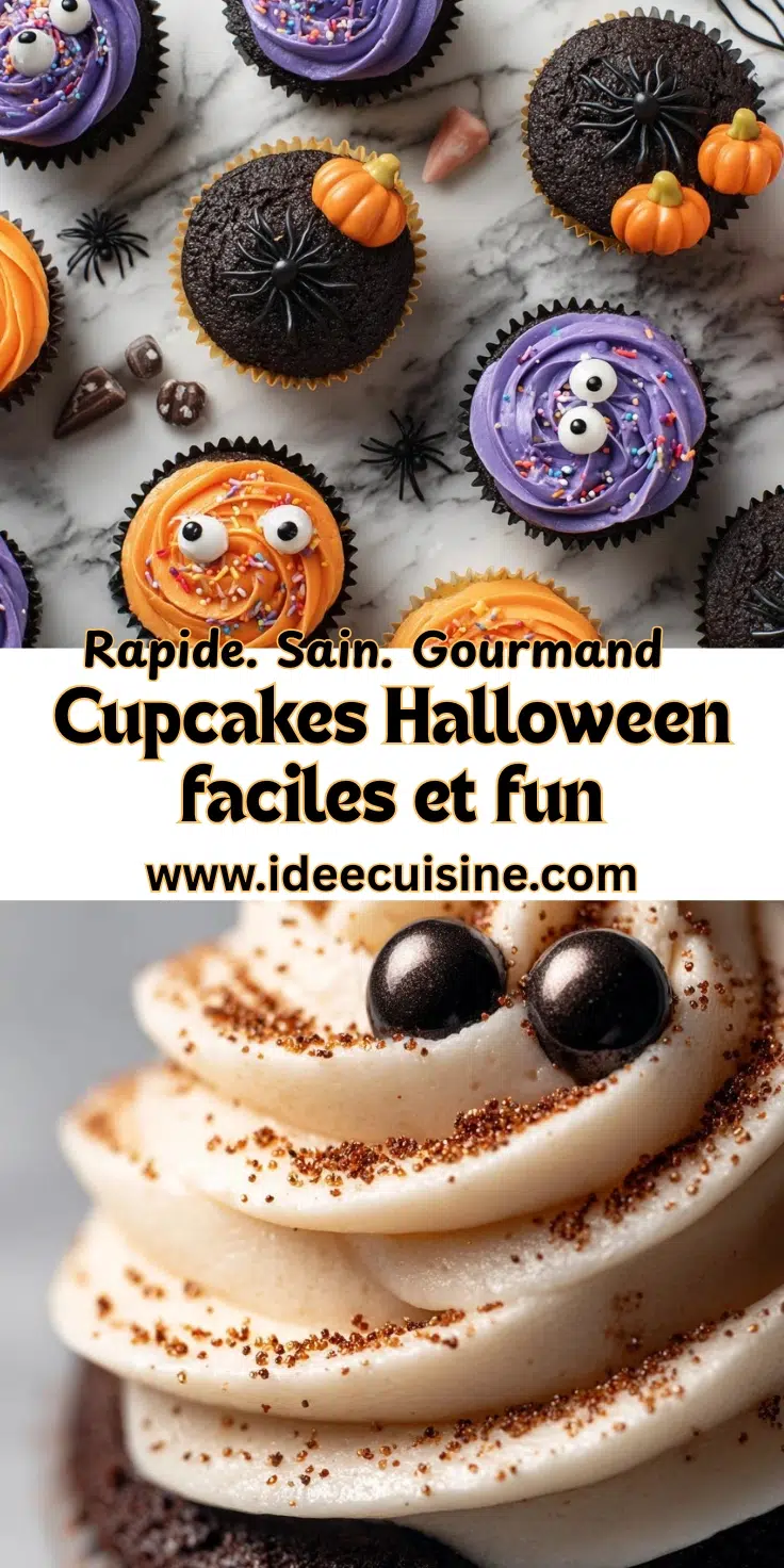 Cupcakes d’Halloween: ludiques, colorés et terriblement gourmands. 2 Cupcakes au chocolat décorés Halloween, glaçages orange et violet avec yeux en sucre et petites citrouilles