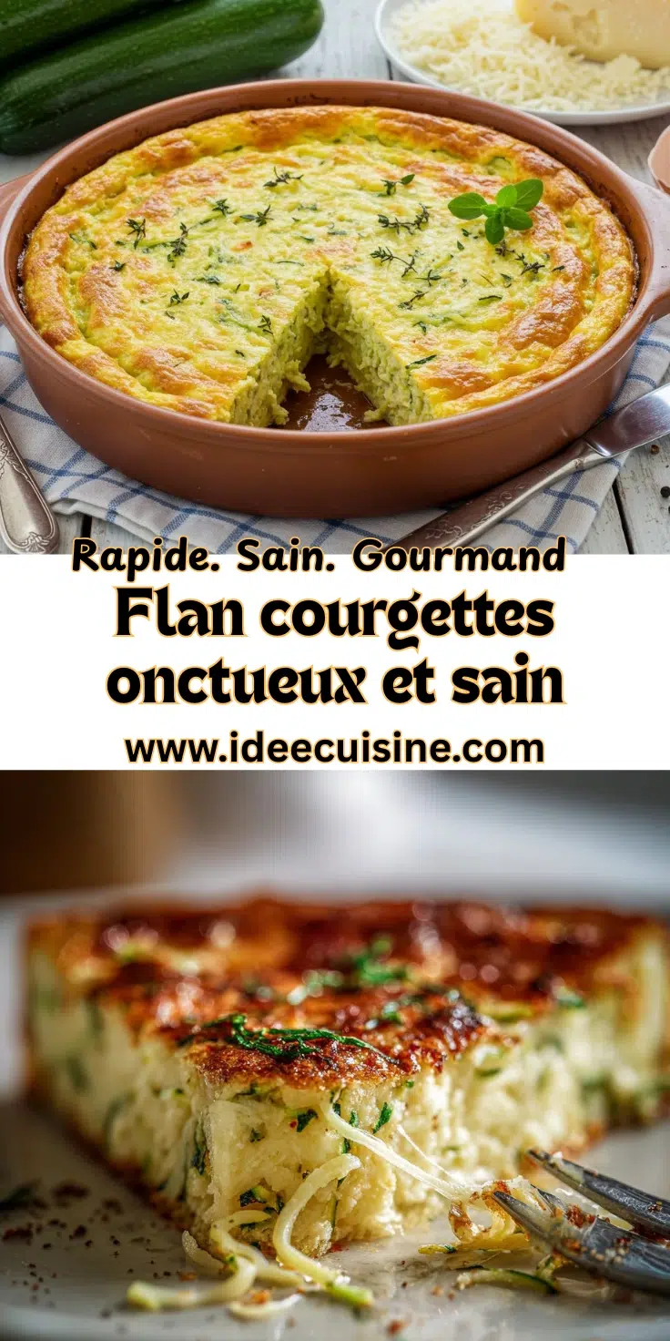 Flan de courgettes gourmand et onctueux, un délice familial sain 2 Flan de courgettes doré dans un plat rond, garni de thym, avec une part retirée laissant voir une mie crémeuse et filante