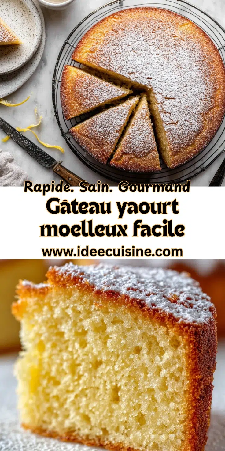 Gâteau au yaourt: moelleux, simple et personnalisable pour toutes les occasions. 2 Gâteau yaourt doré saupoudré de sucre glace, une part manquante laisse voir une mie moelleuse