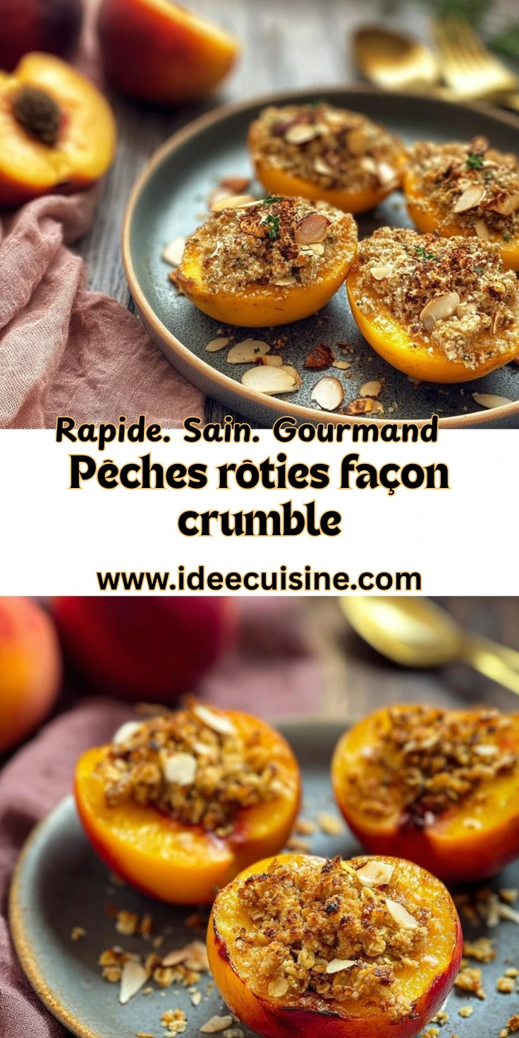 Pêches rôties façon crumble aux amandes 2 Pêches rôties au four et crumble aux amandes, servies sur assiette bleue