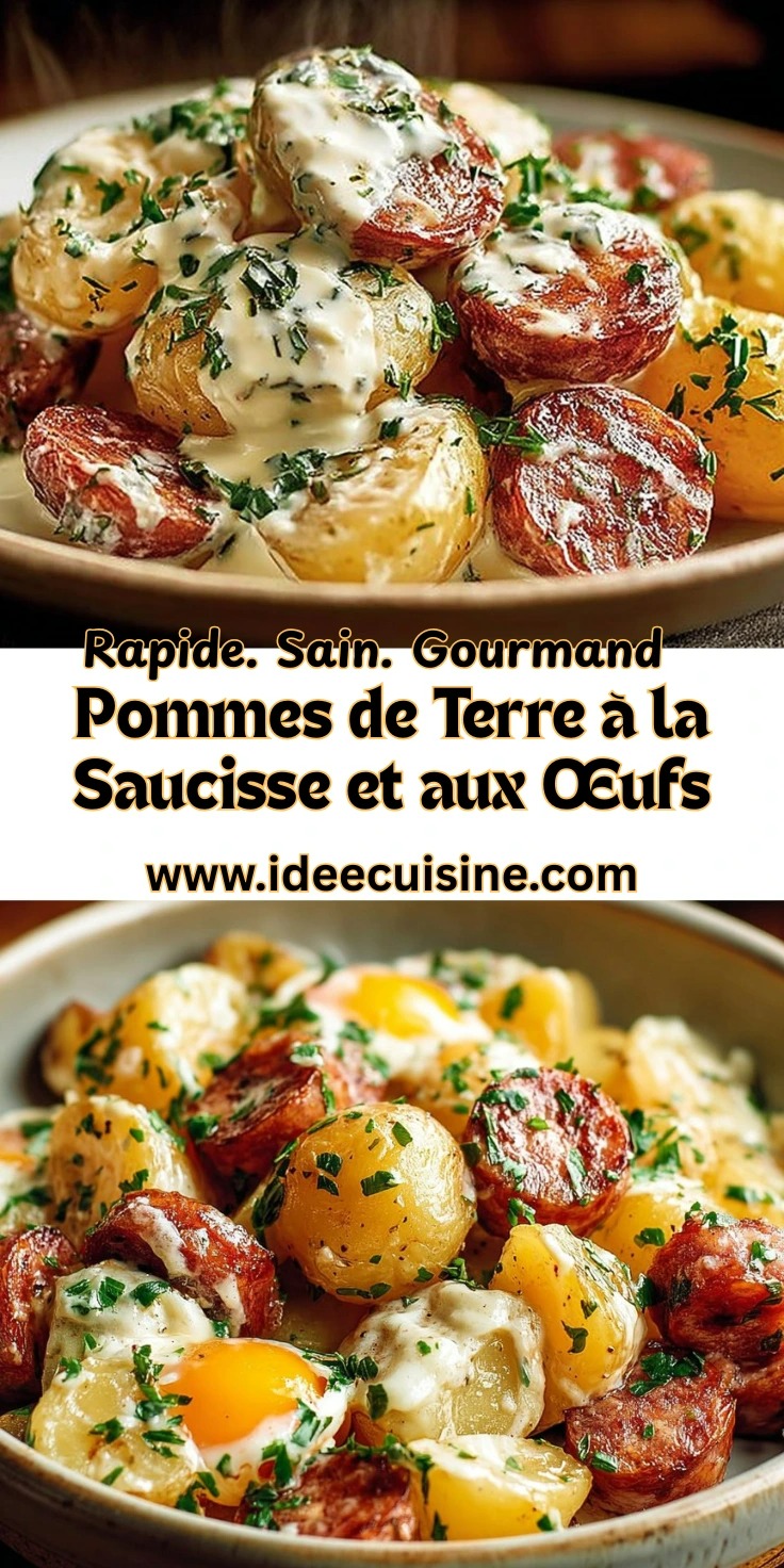 Pommes de Terre à la Saucisse et aux Œufs 2 Pommes de terre dorées, saucisses et œufs mollets, persil frais, sauce crémeuse dans bol