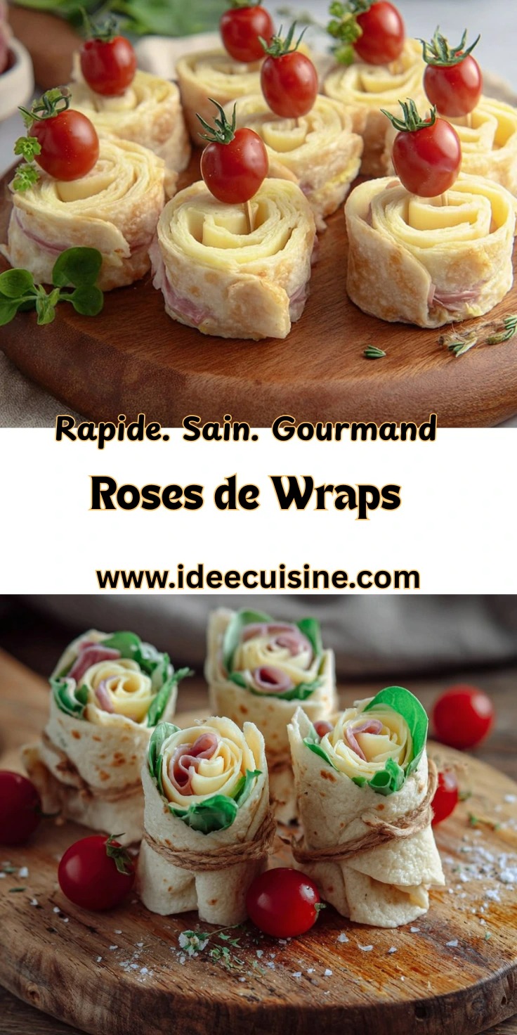 Roses de wraps jambon fromage et crudités 2 Wraps roulés en forme de roses, jambon, fromage et crudités, présentés sur planche en bois