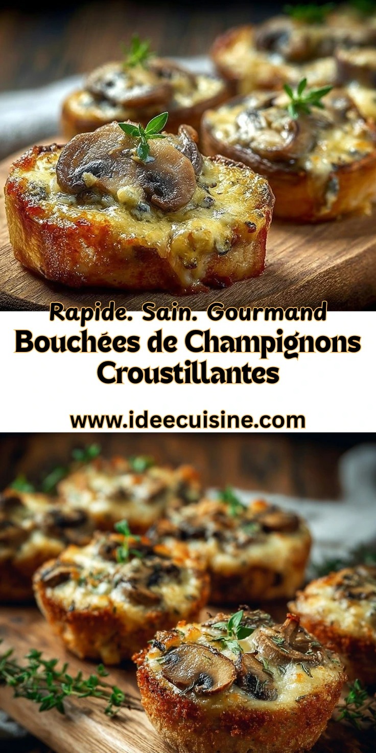 Bouchées apéritives aux champignons et fromage fondu sur pain doré, décorées de thym frais 