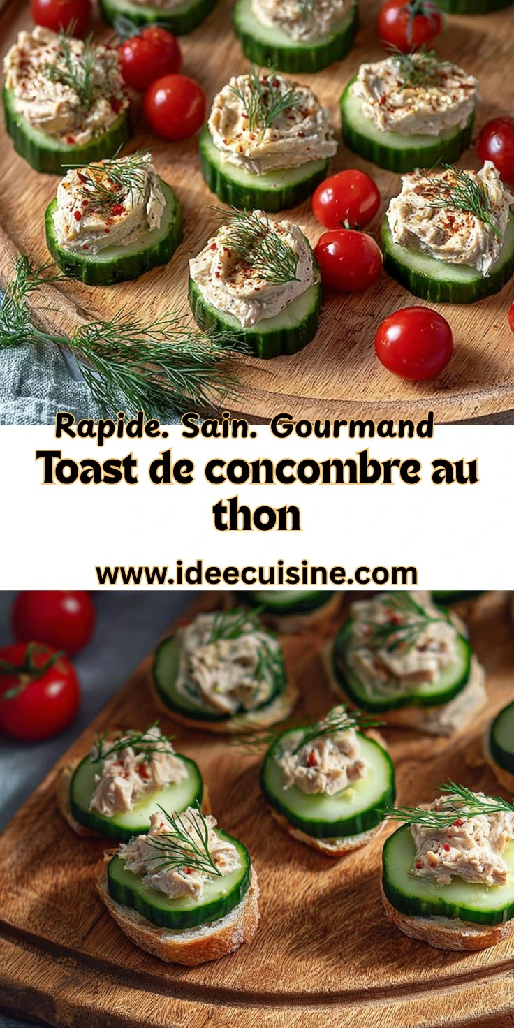 Toast de concombre au thon 2 Toasts de concombre garnis de thon, aneth frais et paprika sur plateau en bois, tomates cerises autour