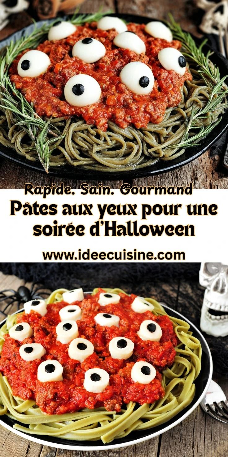 Pâtes vertes sauce tomate garnies de boules mozzarella et olives façon yeux Halloween