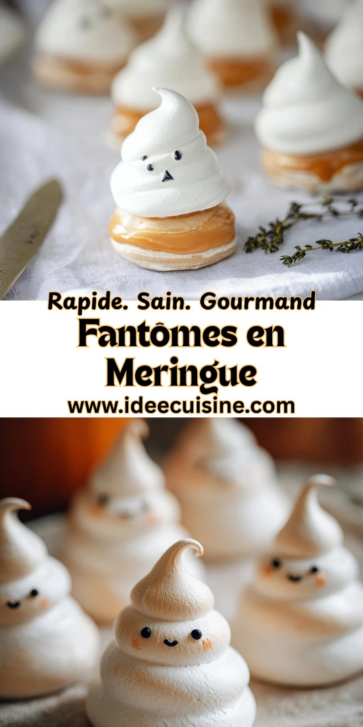 Fantômes en meringue blanche avec visage décoré de points de cacao
