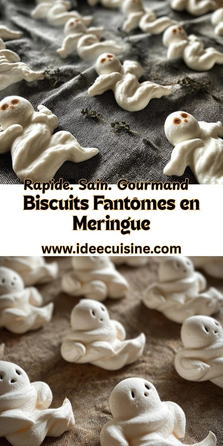 Biscuits fantômes en meringue, décorés de yeux en cacao, alignés sur tissu 