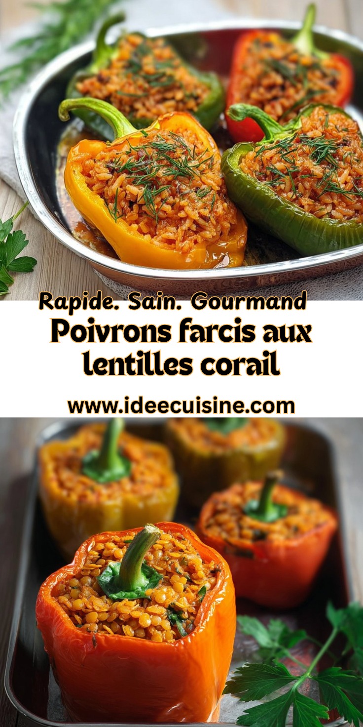 Poivrons farcis aux lentilles corail 2 Quatre moitiés de poivrons jaunes, verts et rouges farcis d'un mélange de lentilles corail, servis dans un plat en métal, garnis de persil frais.