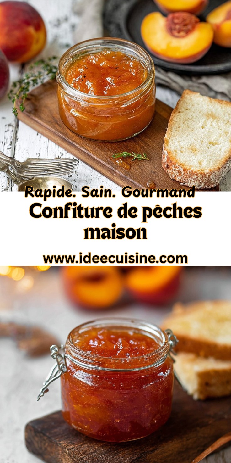 Un pot de confiture maison à la pêche posé sur une planche en bois, entouré de tranches de pain et de demi-pêches fraîches.