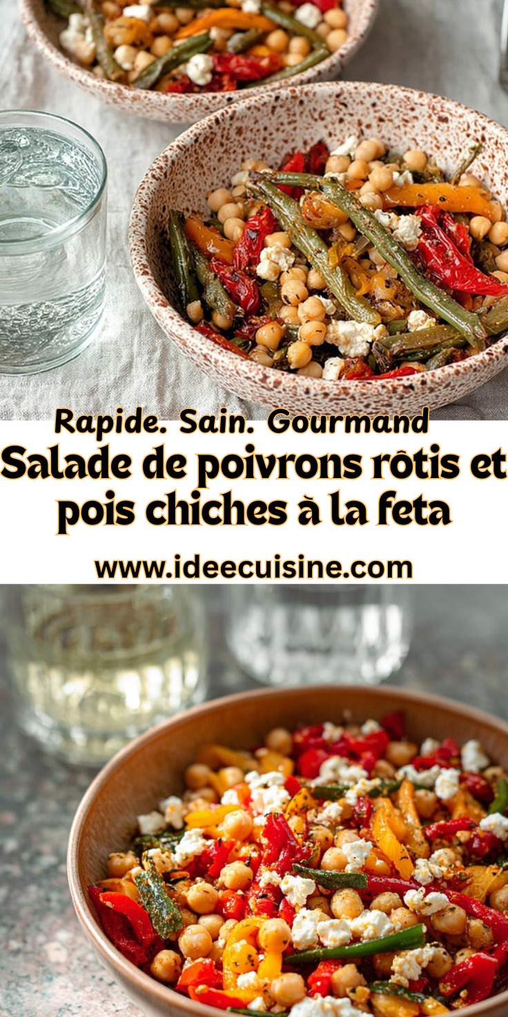 Salade de poivrons rôtis et pois chiches à la feta 2 Deux bols remplis d'une salade de pois chiches, poivrons rouges et jaunes rôtis, haricots verts et feta émiettée.