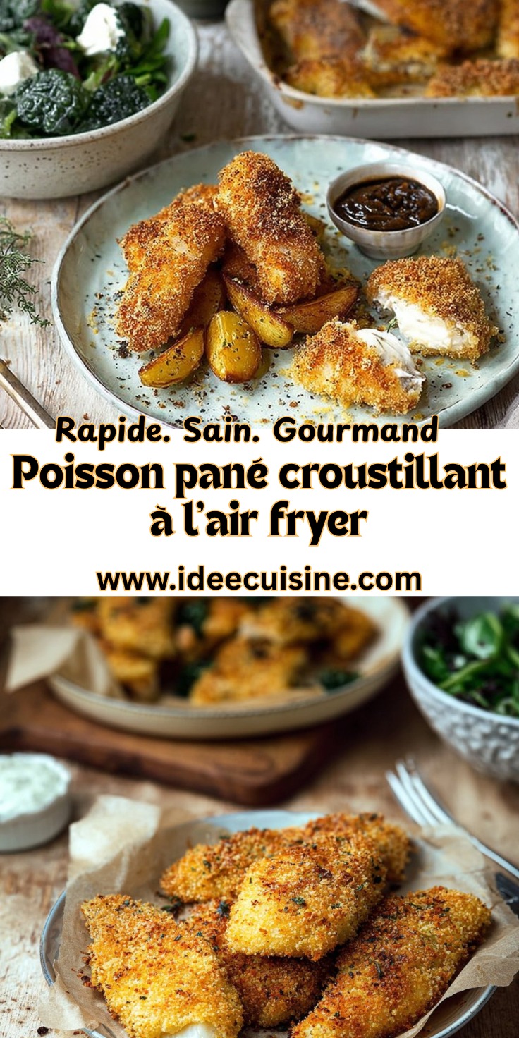 Filets de poisson pané dorés servis dans une assiette avec pommes de terre rôties, sauce et salade verte.