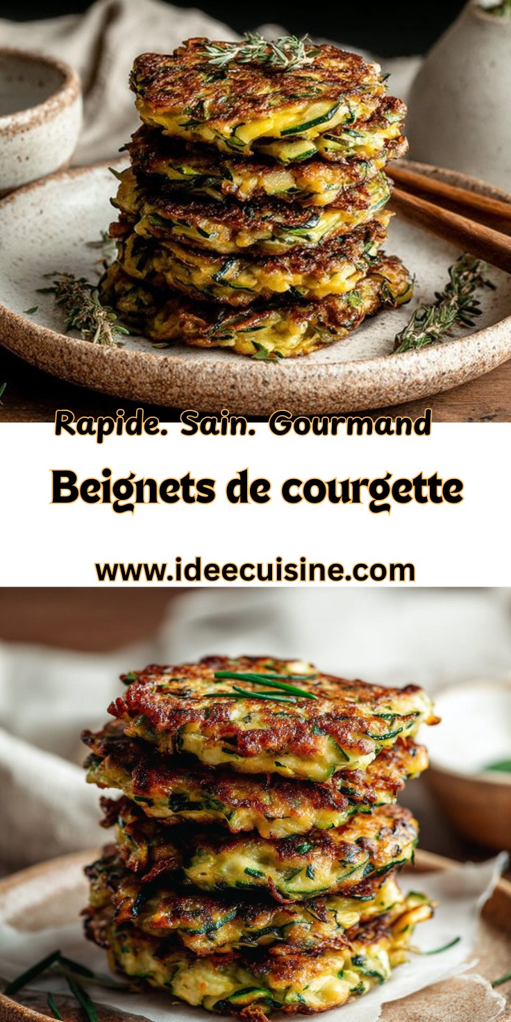 Beignets de courgette 2 Pile de beignets dorés à la courgette, servie sur une assiette en céramique, garnie d’herbes fraîches.