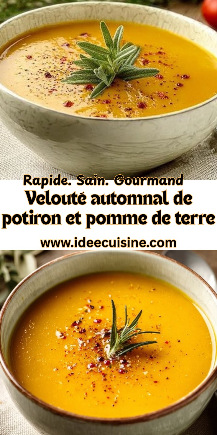 Bol de soupe épaisse et dorée au potiron et à la pomme de terre, saupoudrée d’herbes et de poivre rose.