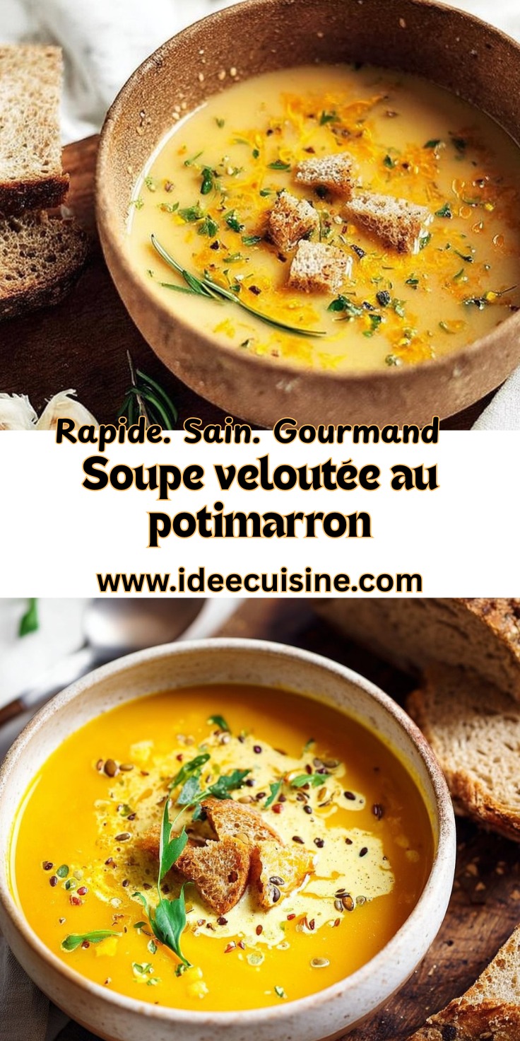 Bol de soupe orange au potimarron, garni de croûtons et d’herbes fraîches, accompagné de tranches de pain complet rustique.