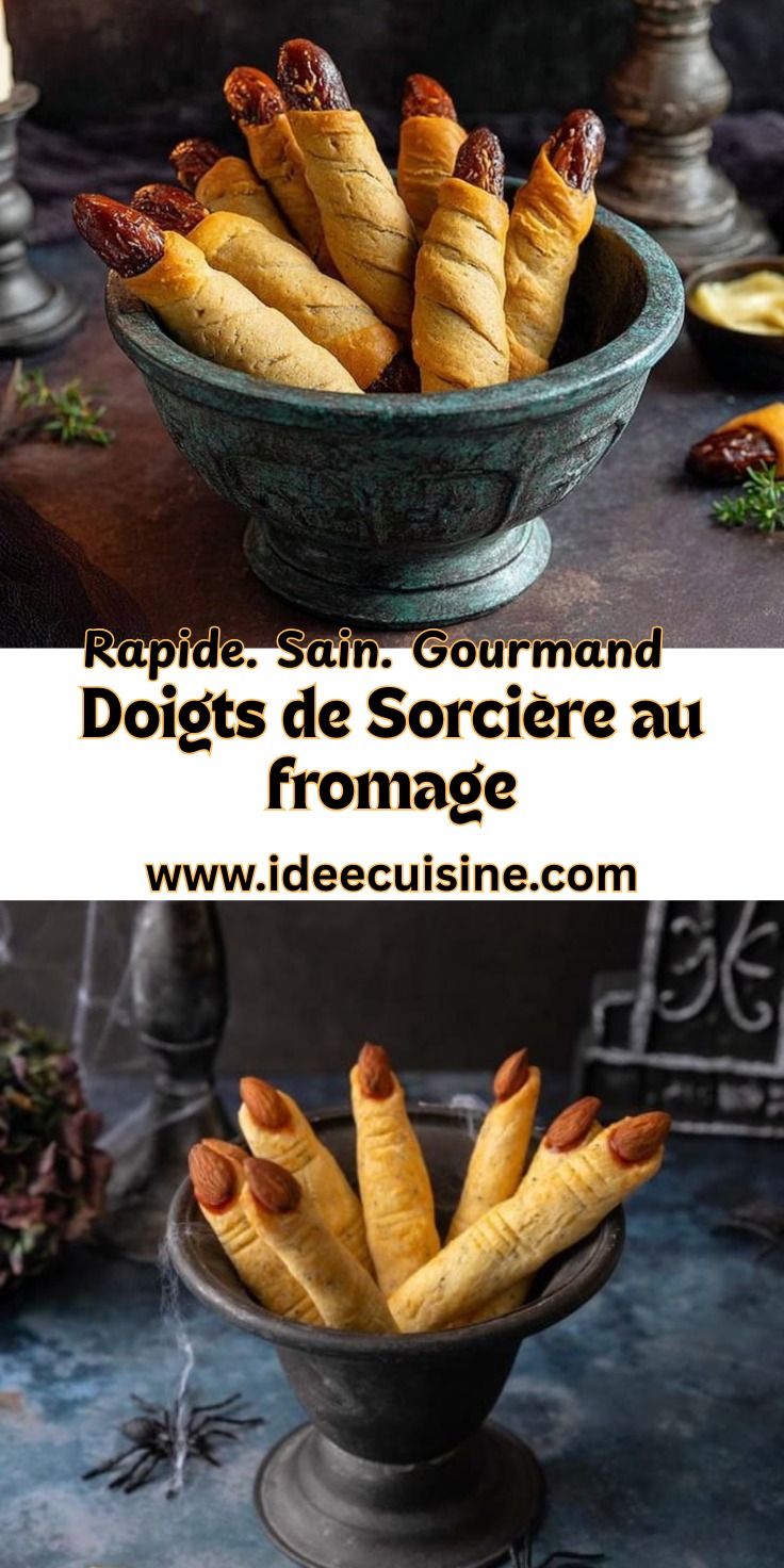 Doigts de Sorcière au fromage 2 Biscuits d’Halloween en forme de doigts de sorcière, dorés et torsadés, avec amandes en guise d’ongle, déposés dans un bol en pierre.