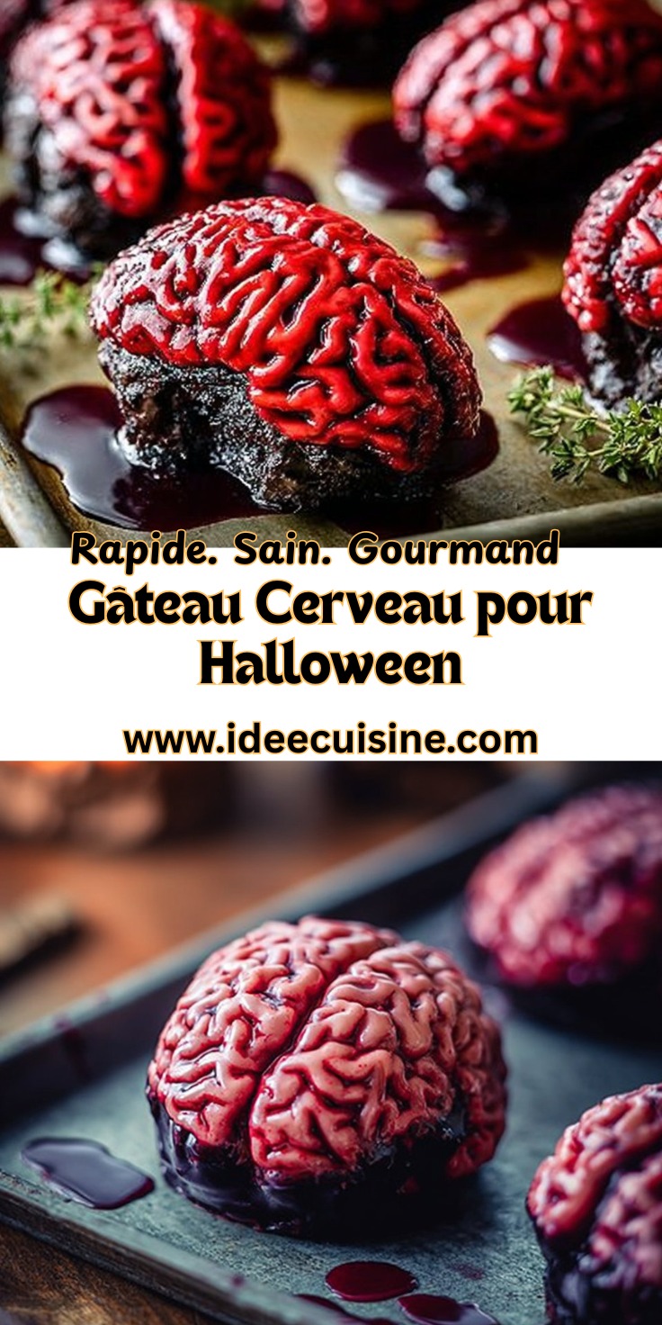 Mini gâteaux en forme de cerveau rouge brillant, posés sur une plaque avec coulis de fruits rouges façon sang.