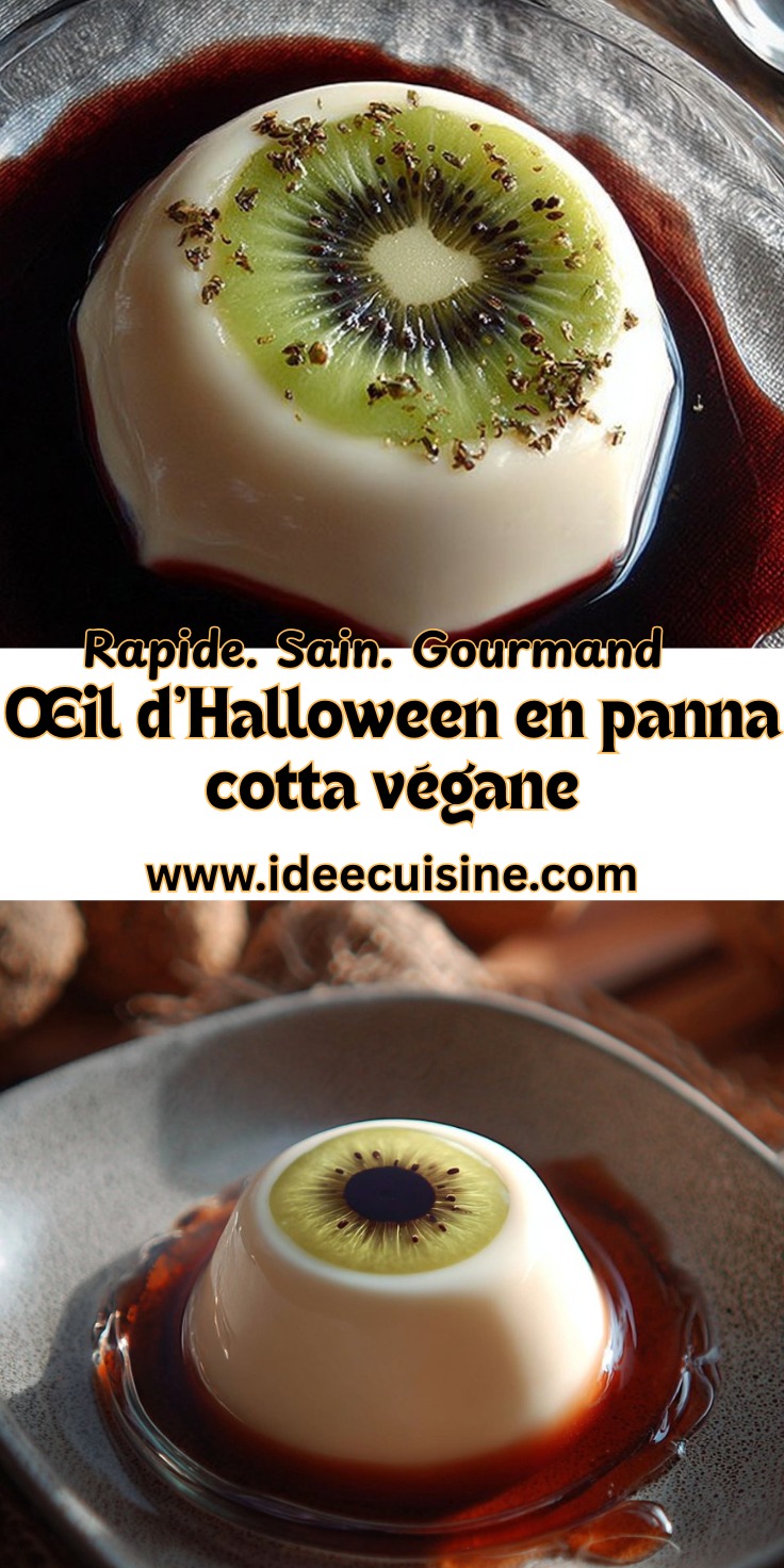Dessert panna cotta blanche décorée d’une rondelle de kiwi au centre, simulant un œil dans un coulis rouge, présentée dans une assiette sombre.
