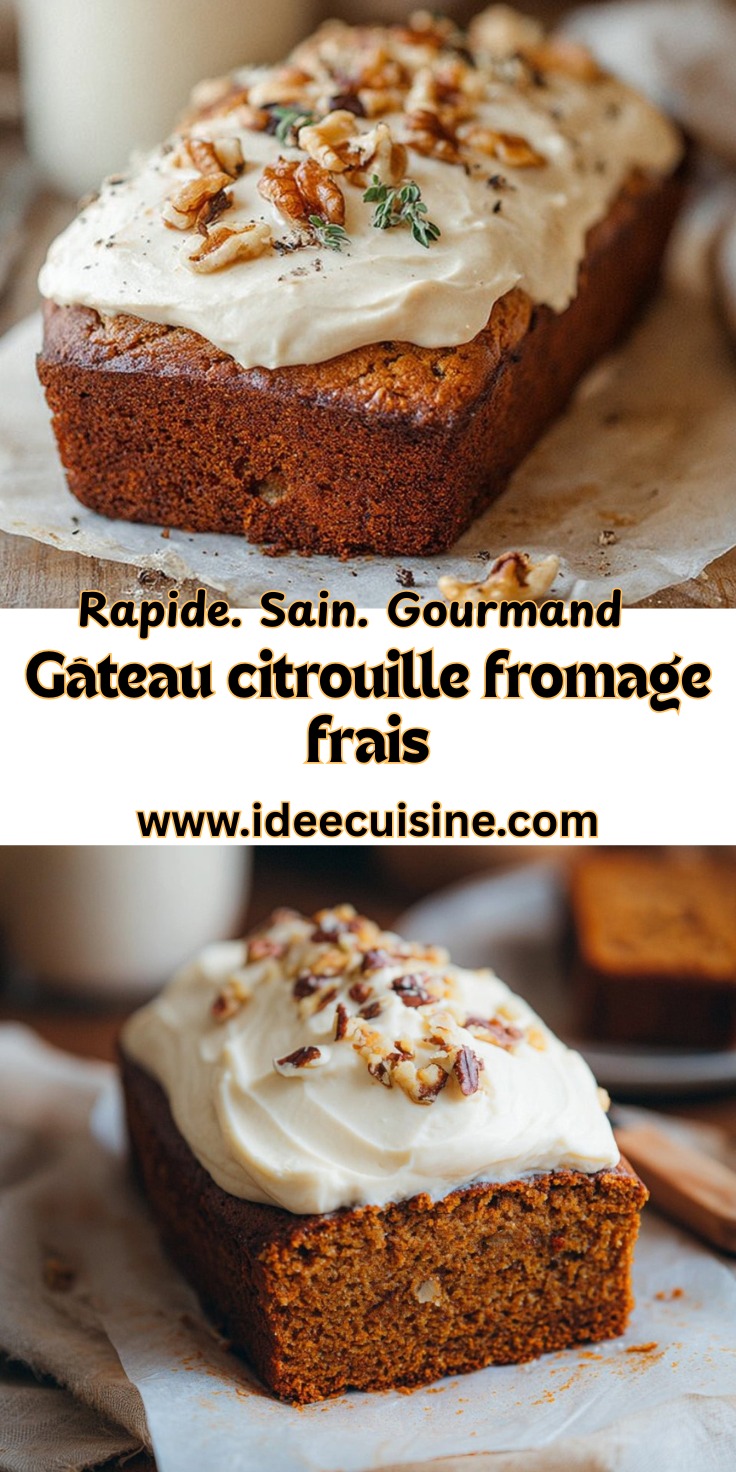Tranche de gâteau à la citrouille nappée de fromage frais, décorée de noix concassées, sur fond rustique.