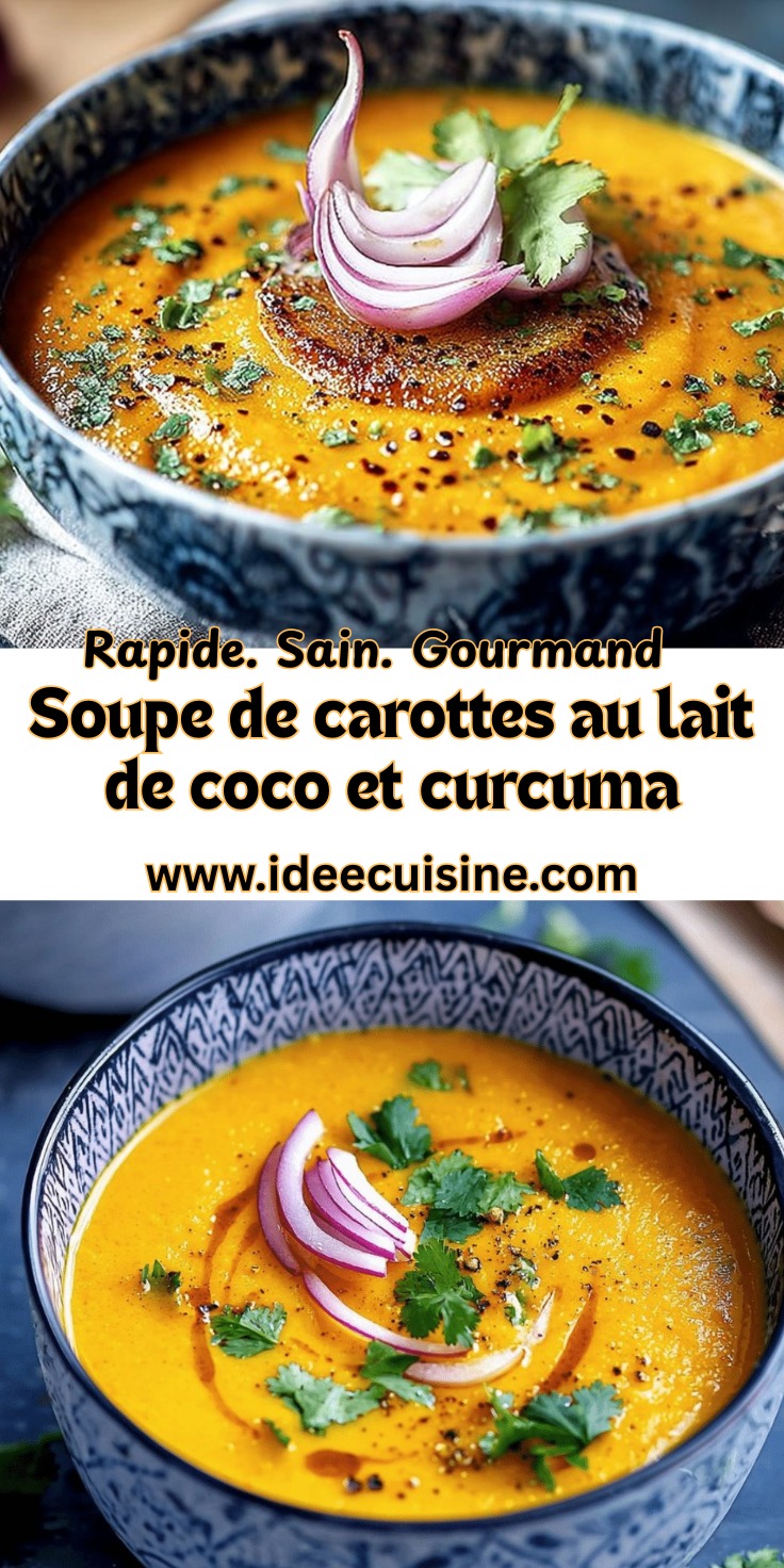 Bol garni de soupe carottes-lait de coco, surmontée de rondelles d’oignon rouge, coriandre fraîche et épices visibles, ambiance cosy.