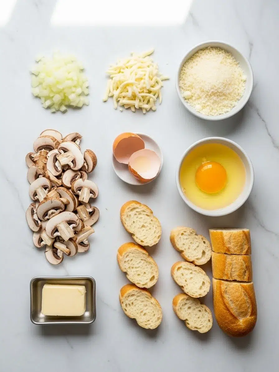 Ingrédients frais pour préparer des Crispy Mushroom Bites sur fond marbre blanc