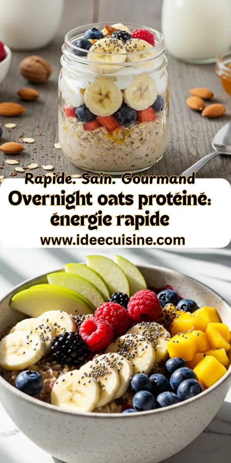 Overnight Oats Protéiné: énergie, satiété et praticité pour bien démarrer la journée. 2 Bol d’overnight oats crémeux surmonté de banane, baies, mangue et graines de chia, style petit-déjeuner sain.
