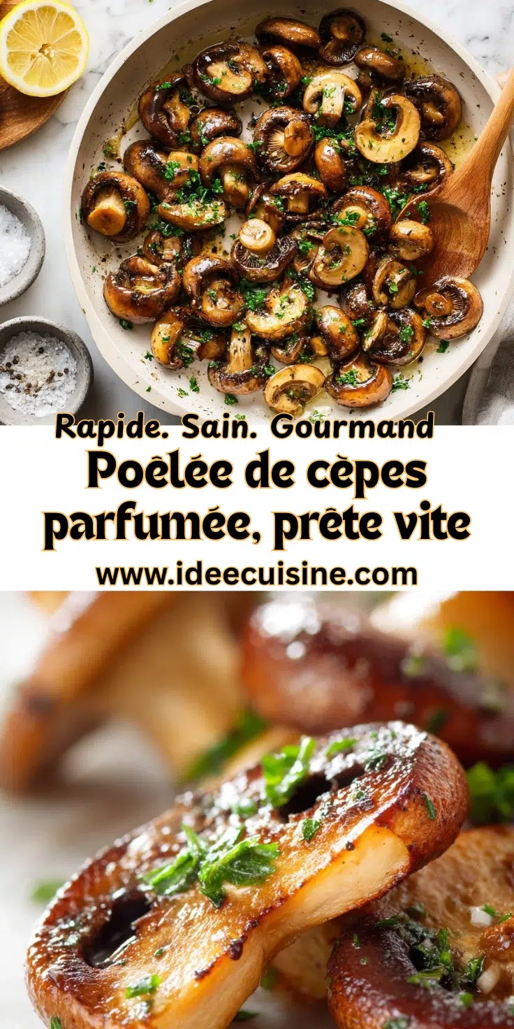 Poêlée de cèpes: simple, parfumée et irrésistible, prête en quelques minutes. 2 Poêlée de cèpes tranchés, dorés et persillés dans une sauteuse, touche de citron sur le côté