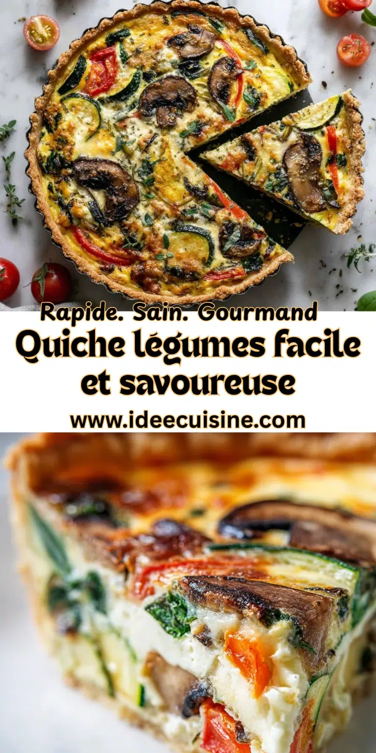 Quiche aux légumes: savoureuse, polyvalente et facile à préparer, idéale en toute saison. 2 Quiche aux légumes et champignons, surface bien dorée, une part retirée montre la garniture crémeuse