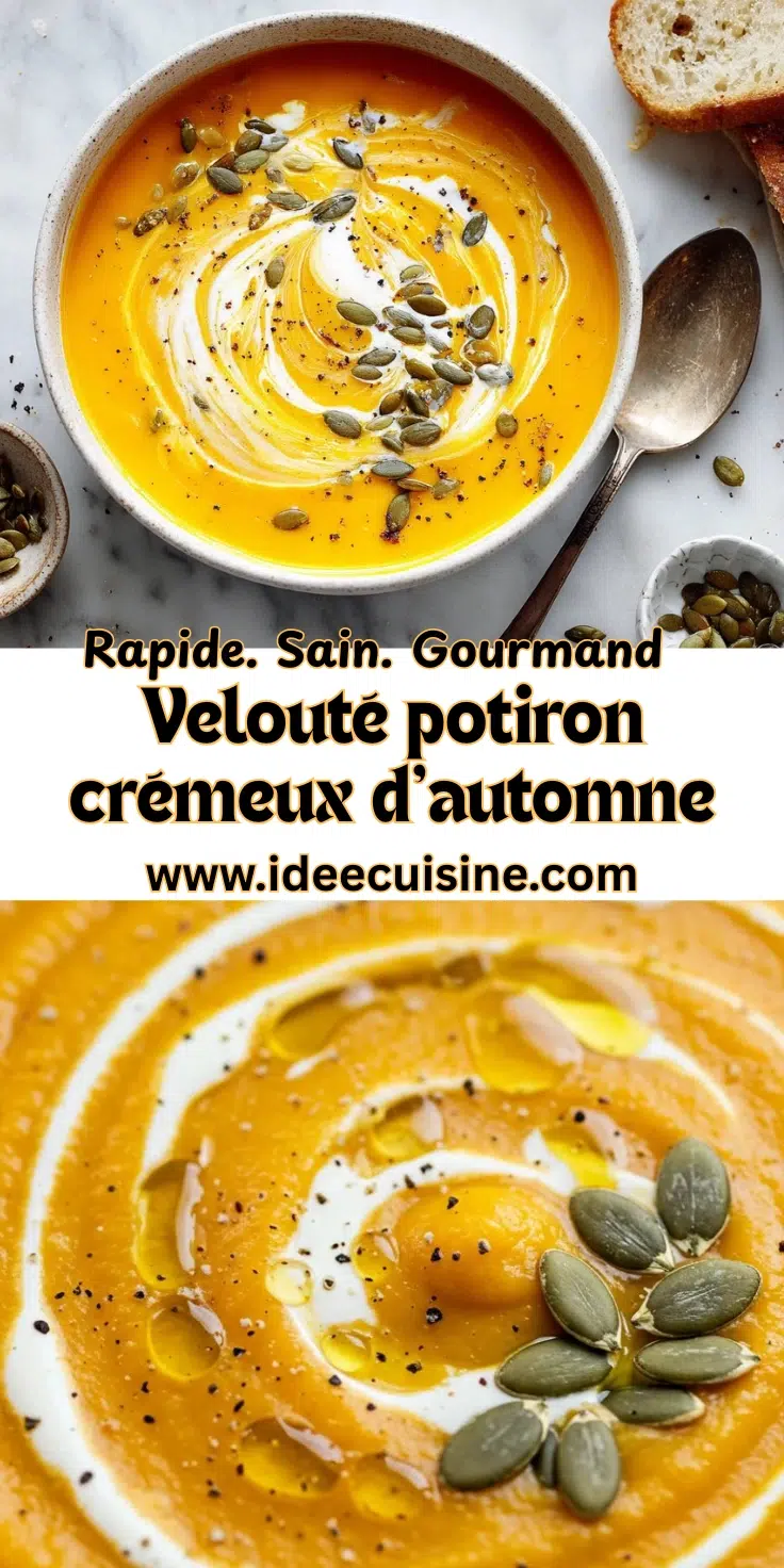 Velouté de potiron crémeux: réconfortant, vitaminé et ultra-simple pour l’automne et l’hiver. 2 Bol de velouté de potiron orné d’un tourbillon de crème et de graines de courge, pain à côté.