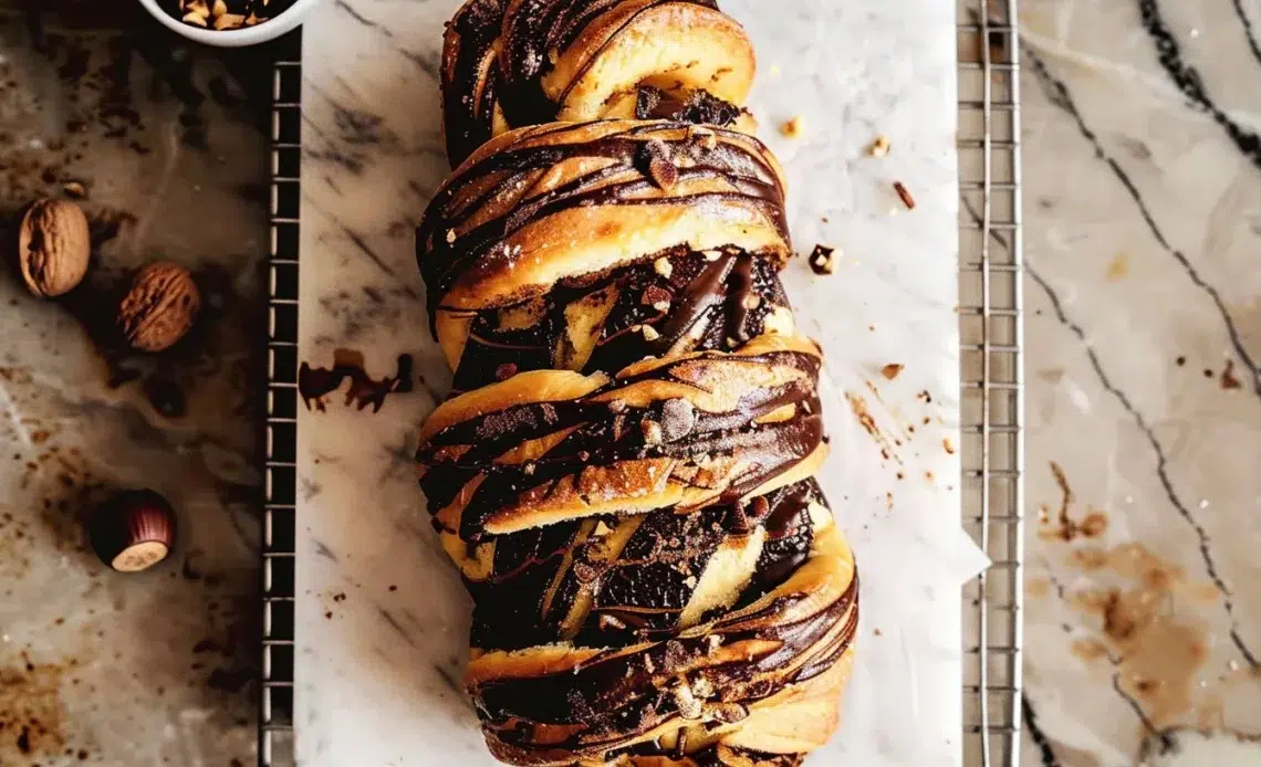 Babka Chocolat Noisettes Torréfiées, un pain sucré moelleux avec chocolat et noisettes.