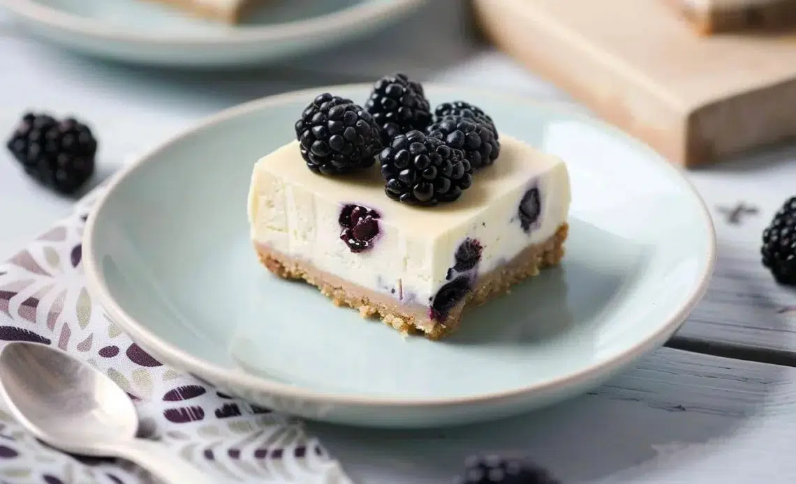 Barres de cheesecake au chocolat blanc et aux mûres 1 Barres de cheesecake au chocolat blanc garnies de mûres savoureuses.