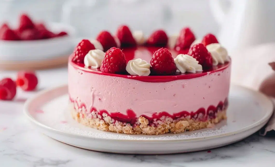 Bavarois Framboise avec croustillant au chocolat blanc, dessert élégant et savoureux