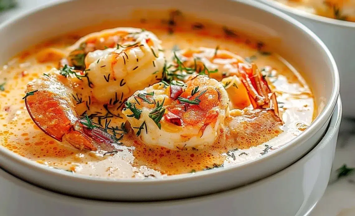 Bisque de fruits de mer maison 1 Bol de bisque de fruits de mer garnie d'herbes fraîches et de crevettes.